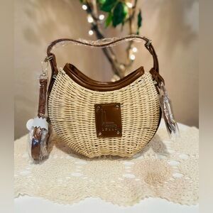 Loulu NWOT Woven Rattan Crescent Handbag Crossbody Strap Brown Faux Leather Trim